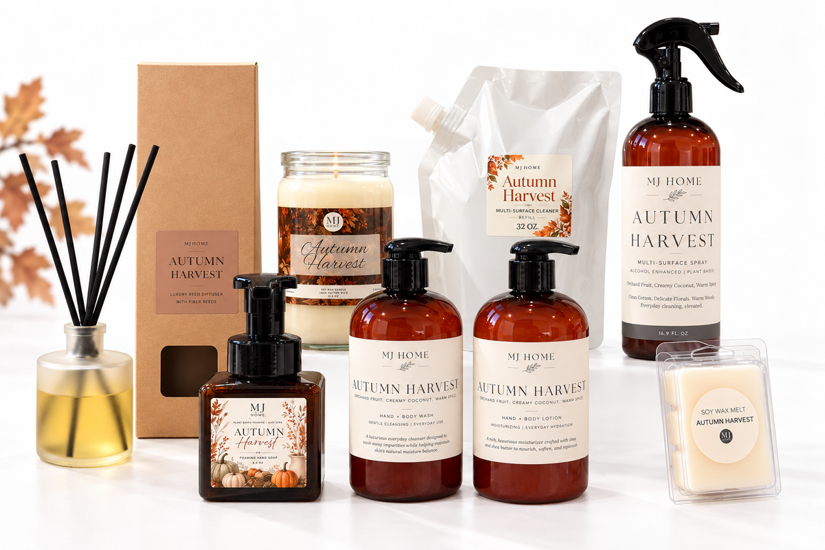 Autumn Harvest home essentials range with diffuser bottle and reeds beside its box