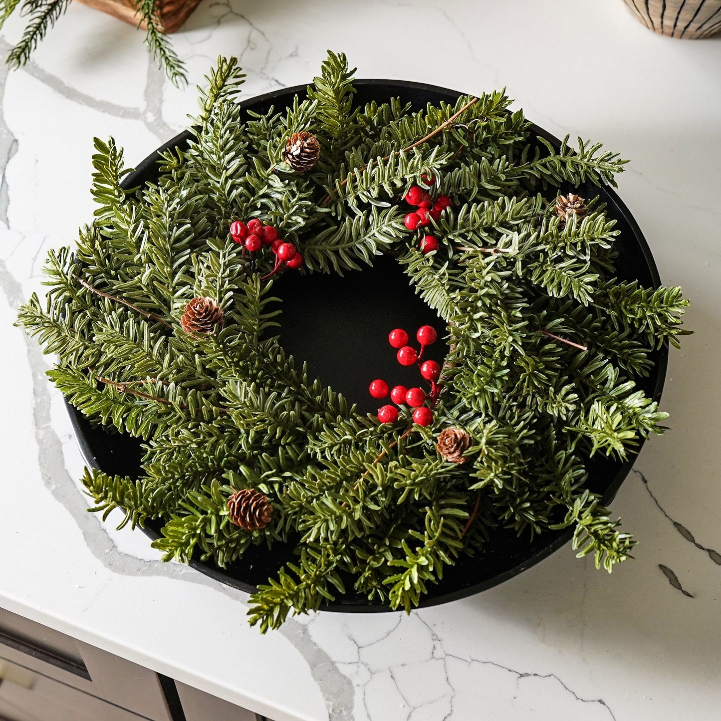 Real Touch Pine & Red Berry Candle Ring – 16”