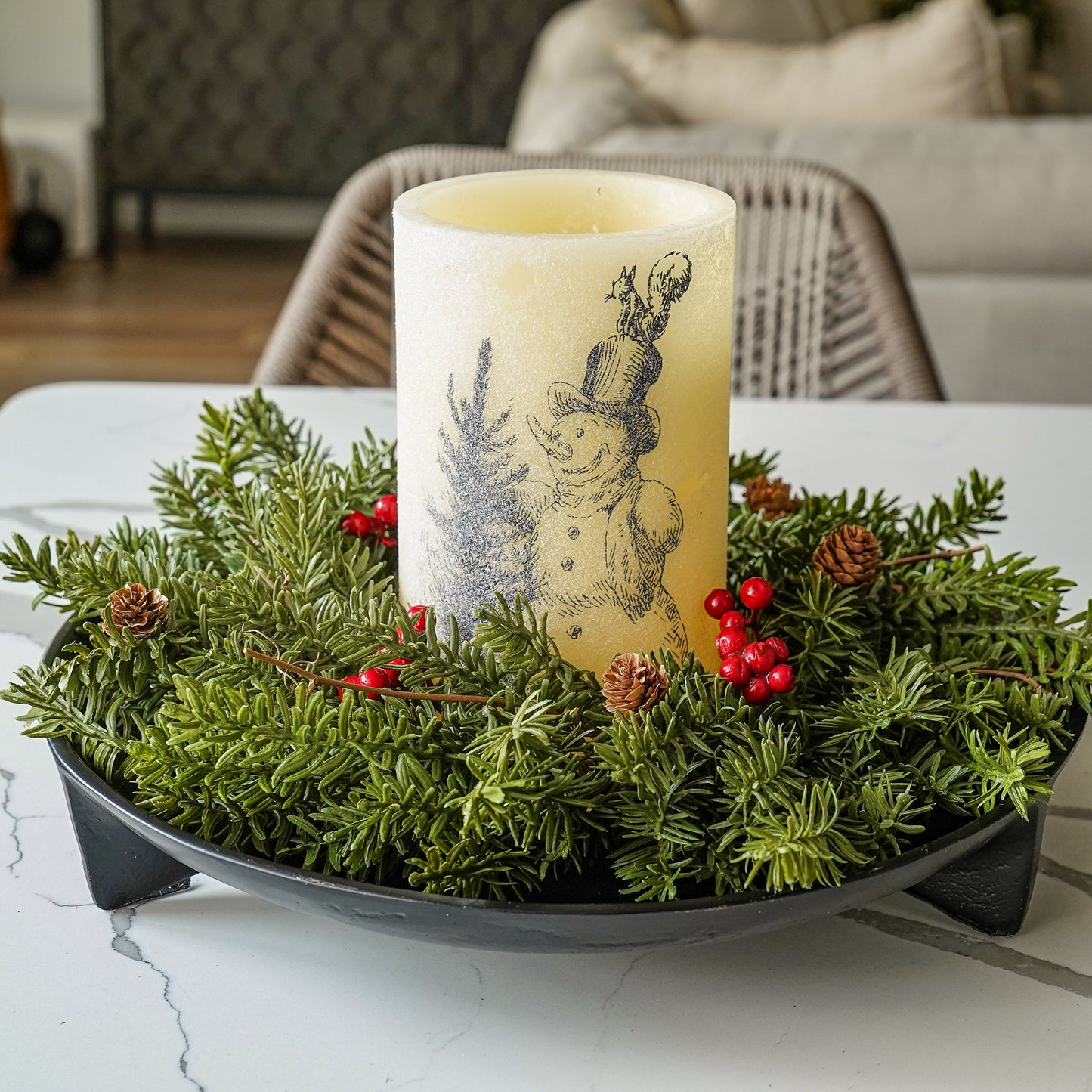 Glitter Vintage Snowman Wax Pillar Candle | LED Winter Decor