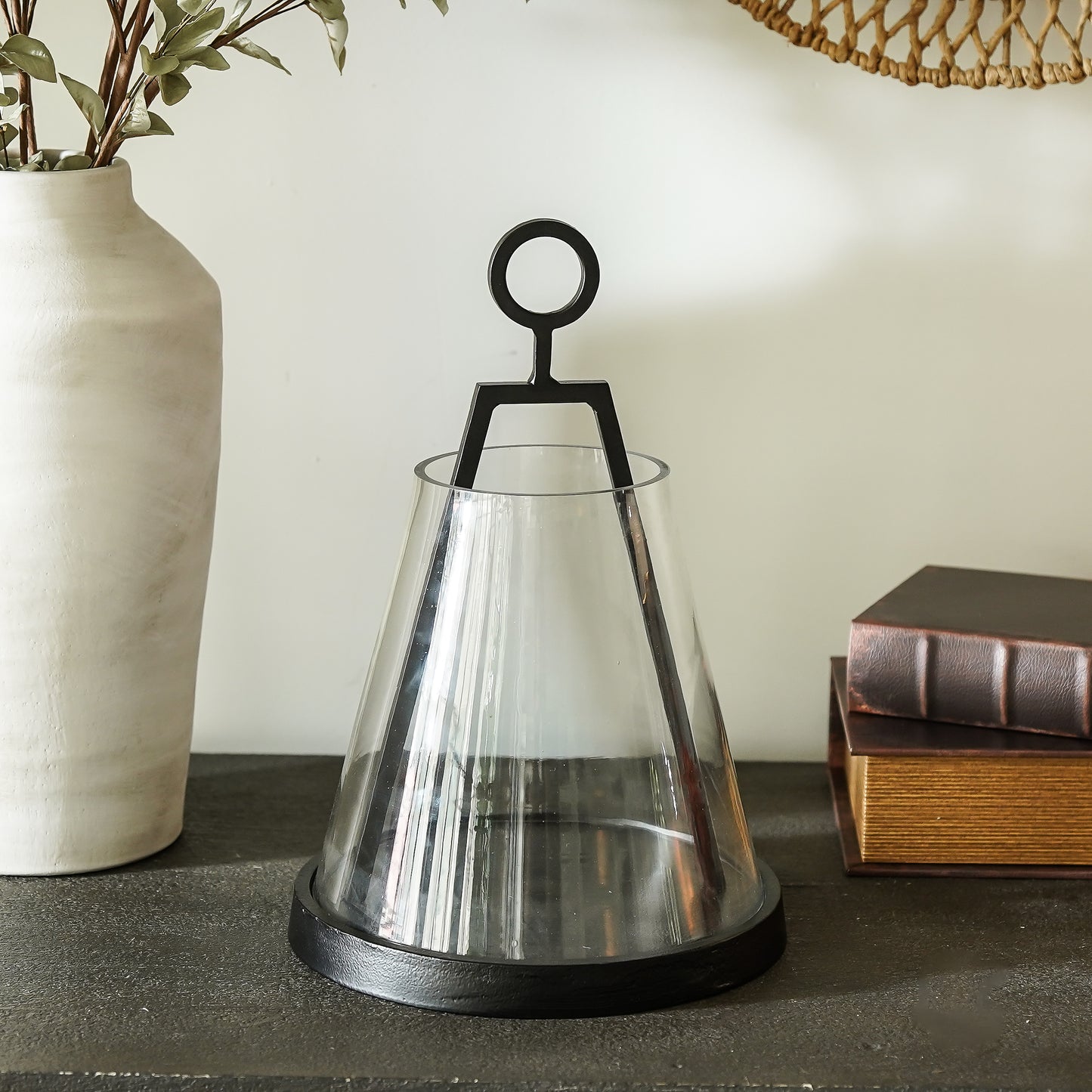 Glass and Iron Hurricane Lantern | Large Candle Holder