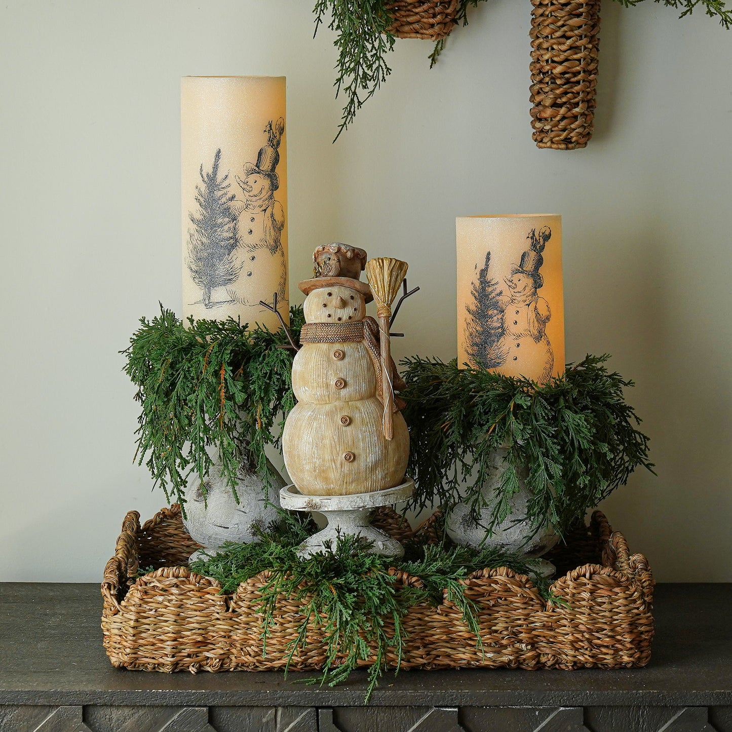 Glitter Vintage Snowman Wax Pillar Candle | LED Winter Decor