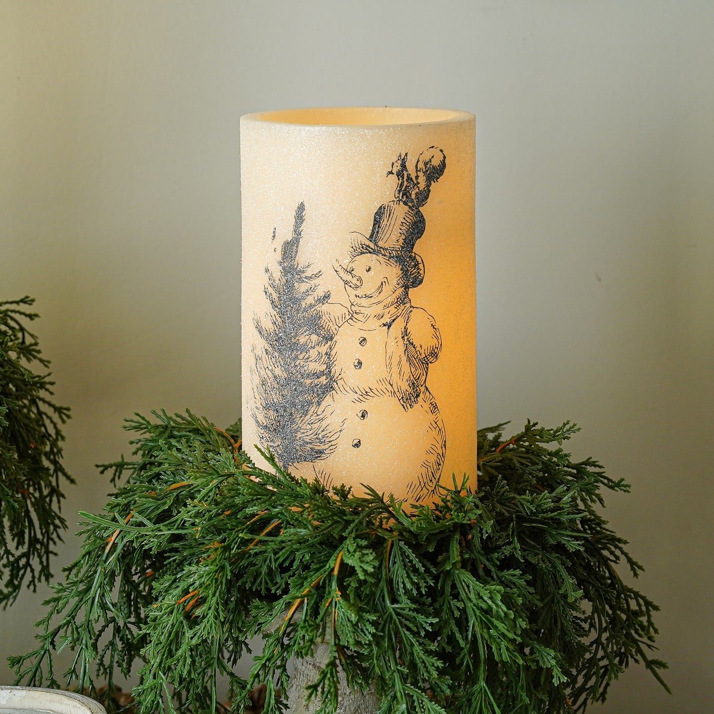 Glitter Vintage Snowman Wax Pillar Candle | LED Winter Decor