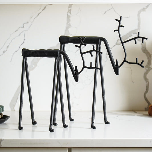 Matte Black Looking Down Deer Set | Iron Figurines (Set of 2)