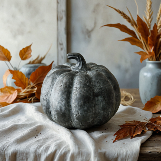 Decorative pumpkin on a table with autumn leaves and a vase in the background