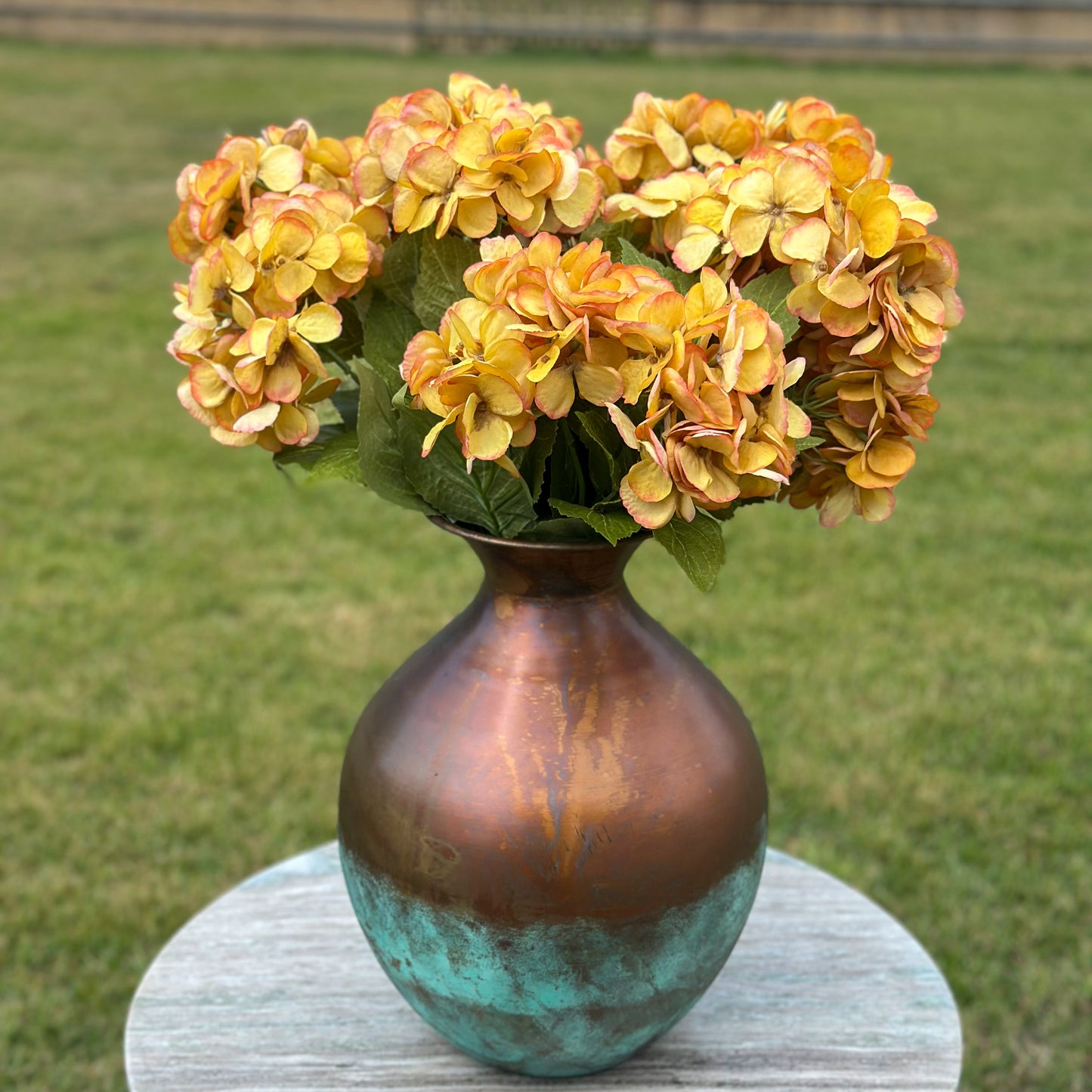 Distressed Copper Patina Vase | Round Metal Accent