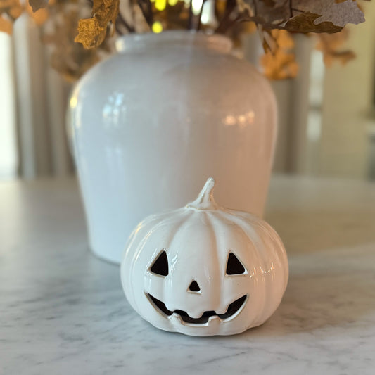 White Ceramic Pumpkin Jack-O’-Lantern | Wide