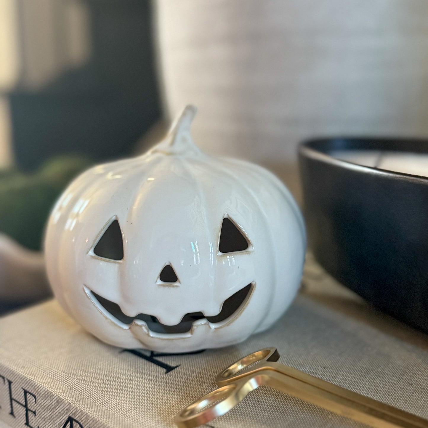 White Ceramic Pumpkin Jack-O’-Lantern | Wide
