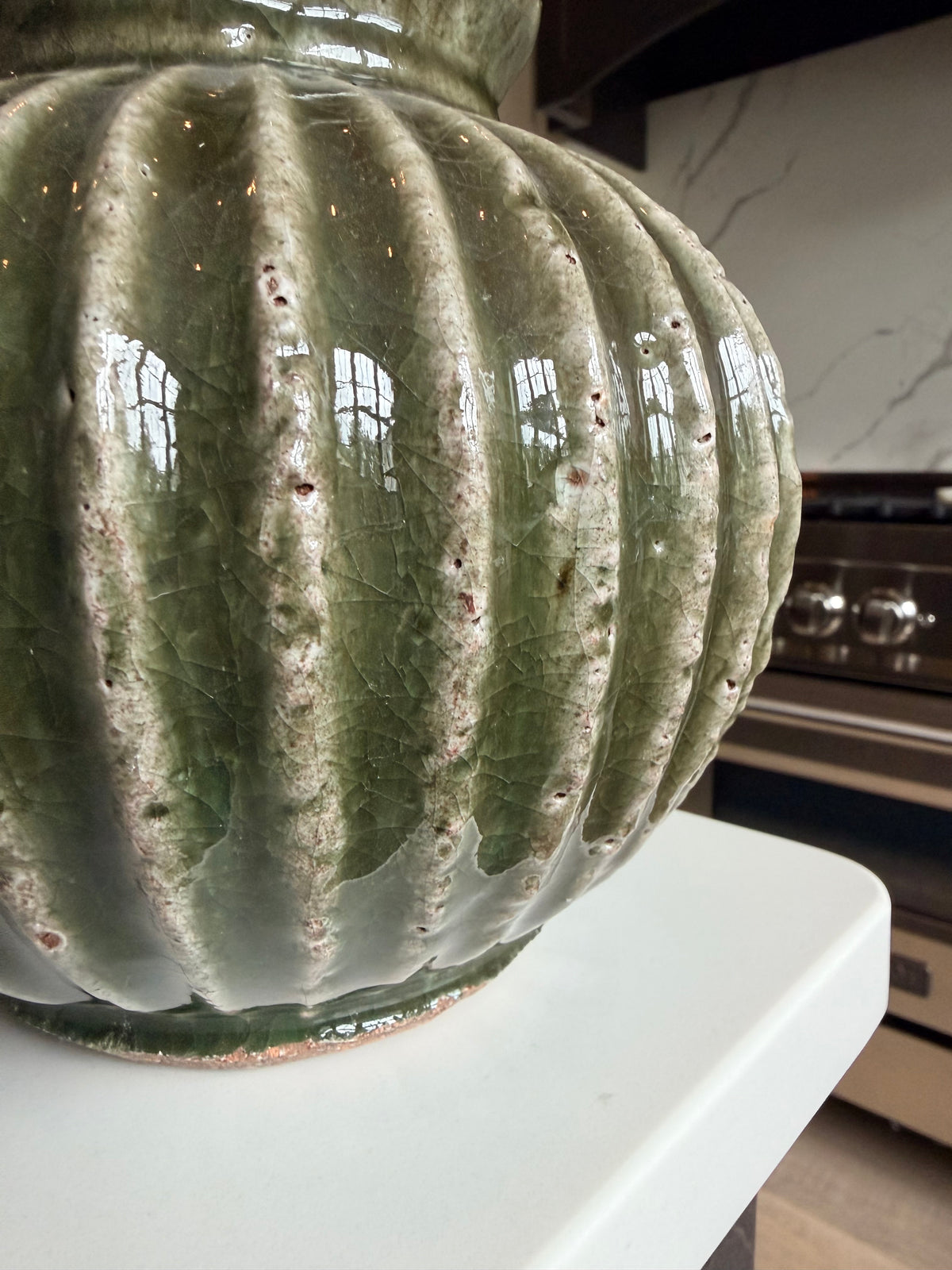 Green RIbbed Terracotta Vase