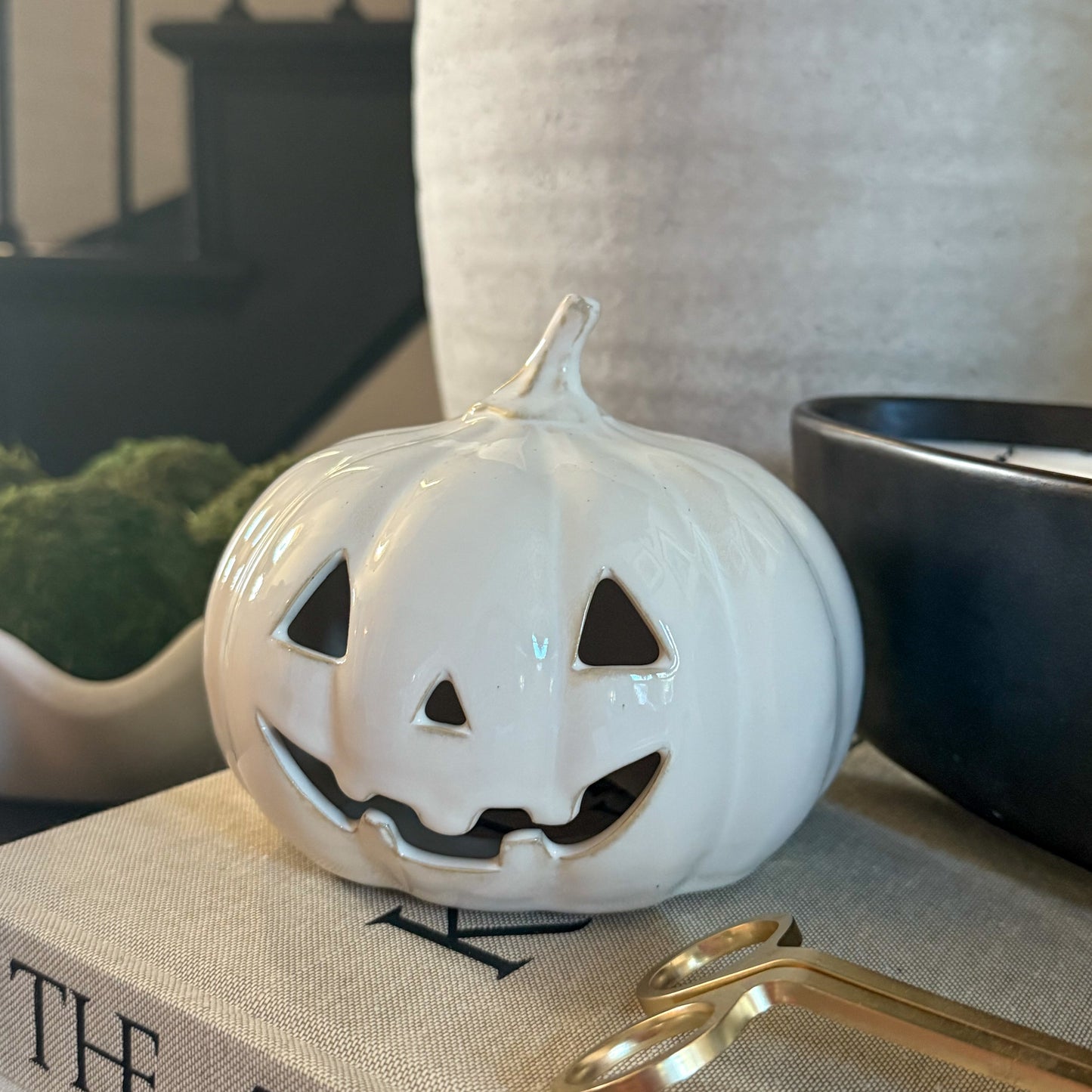 White Ceramic Pumpkin Jack-O’-Lantern | Wide