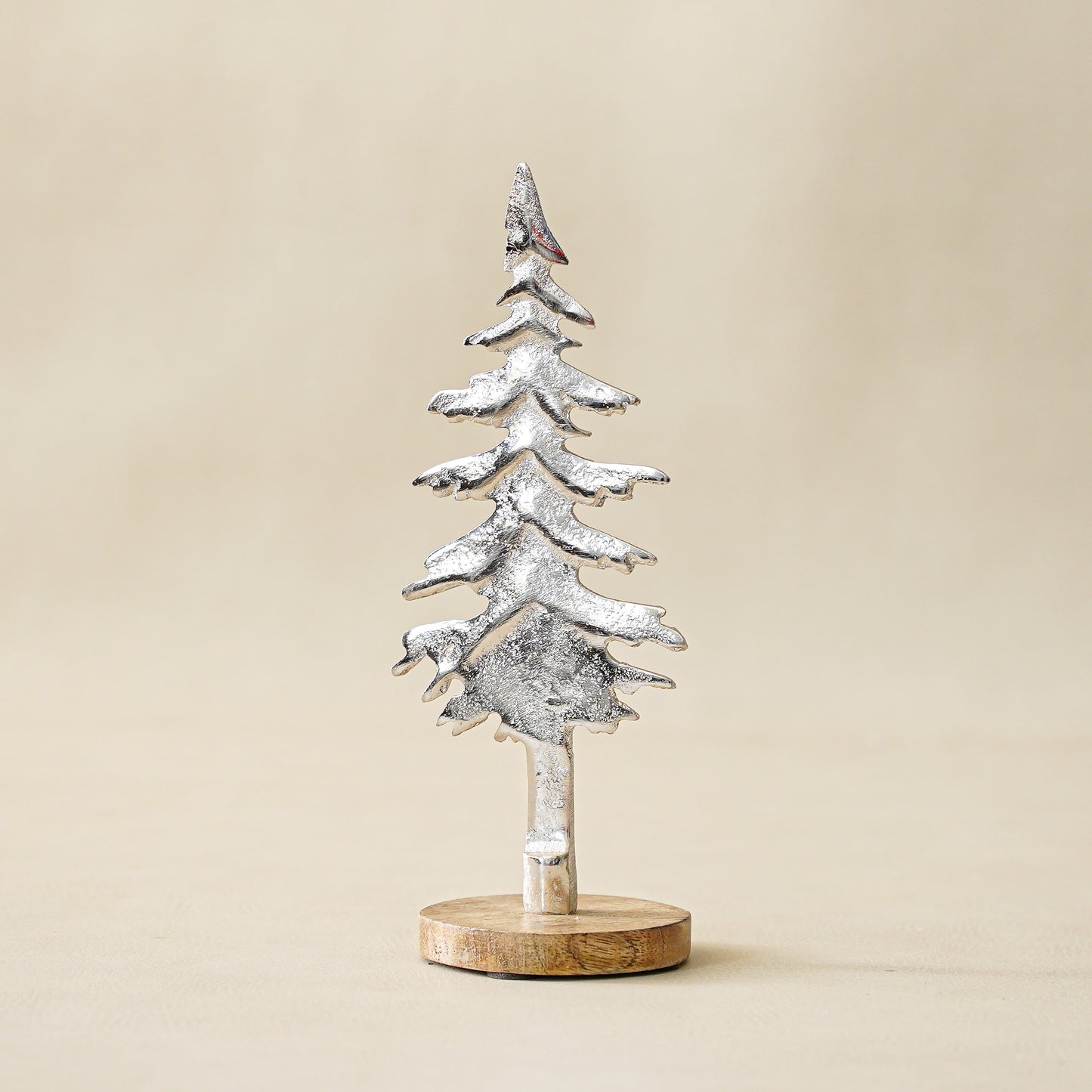 Tabletop Wooden Tree | Silver Metal on Wood Base