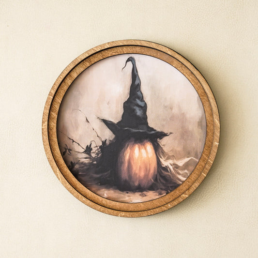 Pumpkin Witch Hat Round Framed Decor | Made in USA