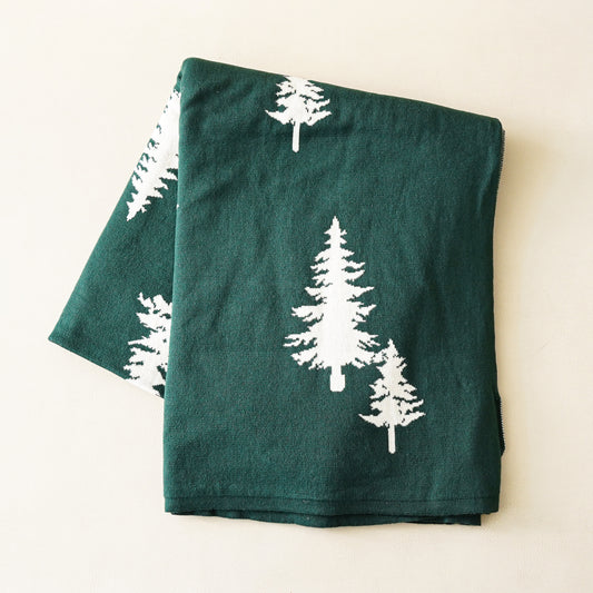 Evergreen Pine Tree Cotton Throw Blanket | Green & White
