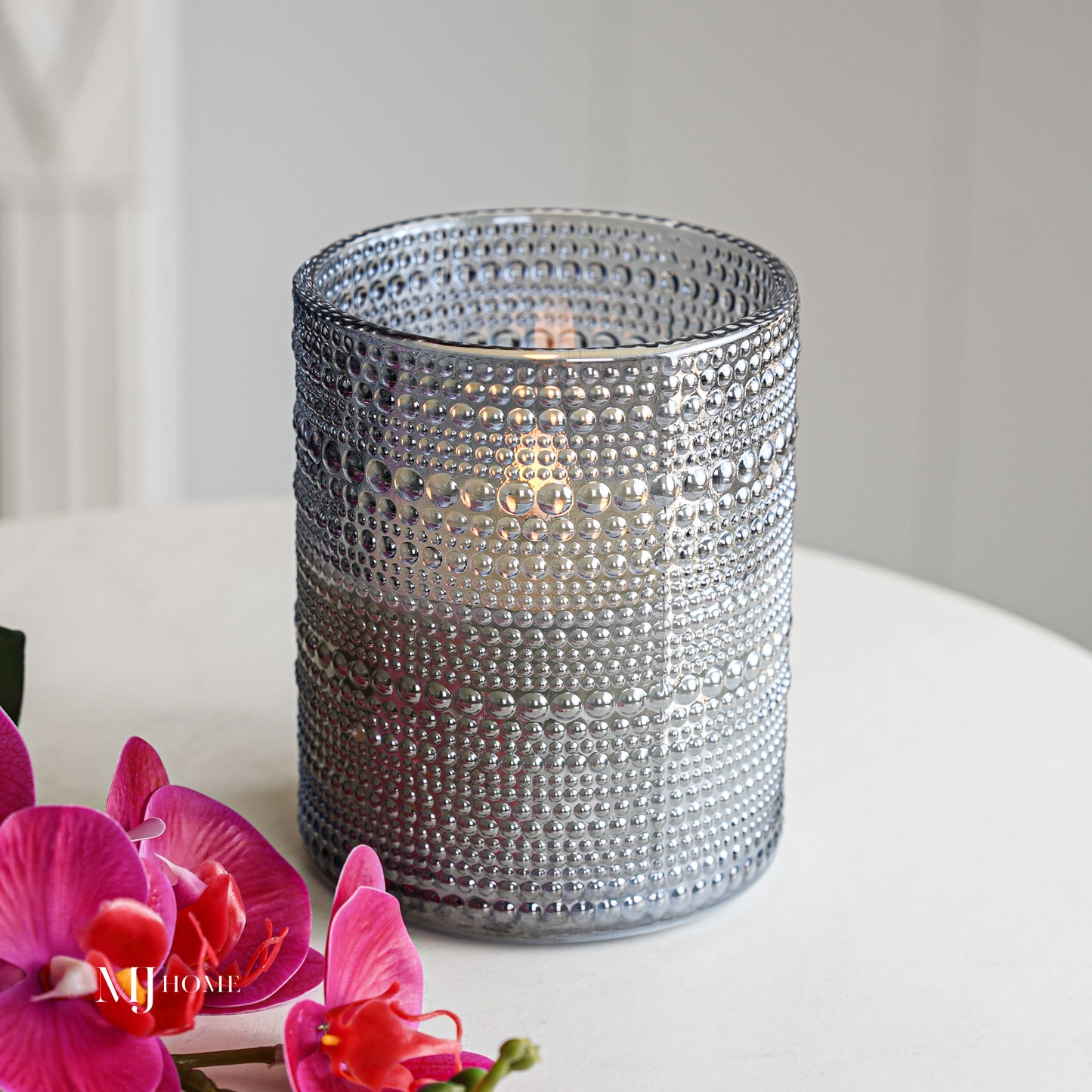 Grey Detailed Glass Flameless Candle