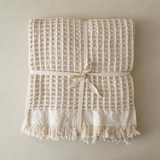 Ivory Waffle Fringe Throw