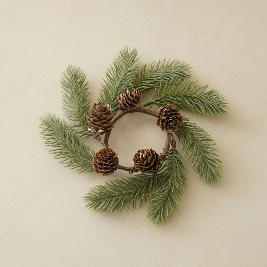 Muted Green Candle Ring with Mini Pinecones