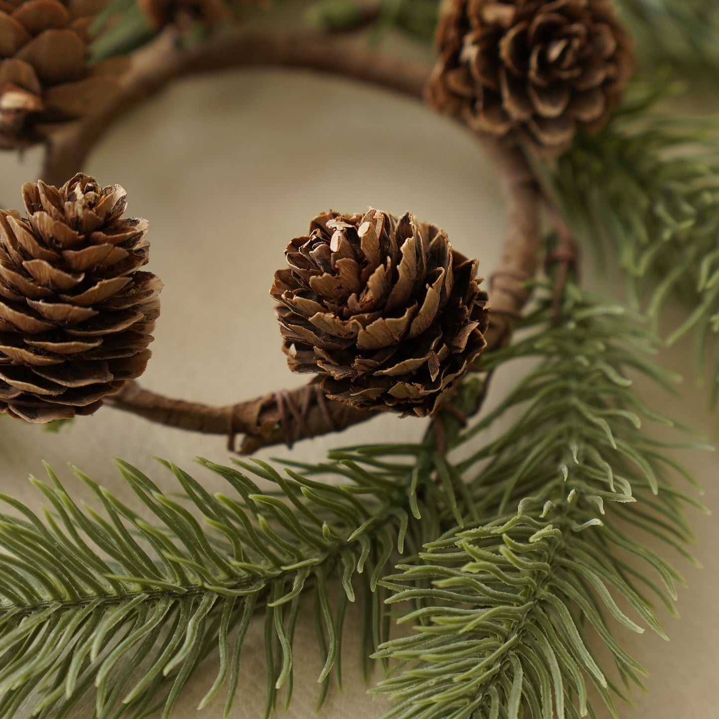 Muted Green Candle Ring with Mini Pinecones