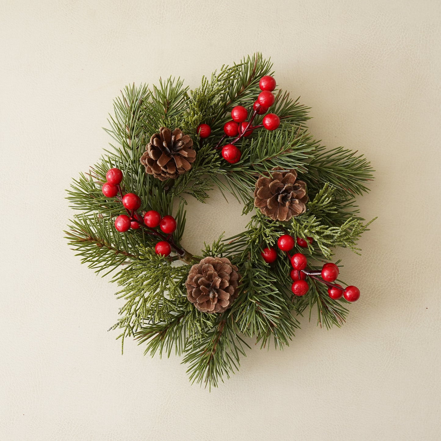 Faux Holiday Candle Ring with Pinecones & Red Berries