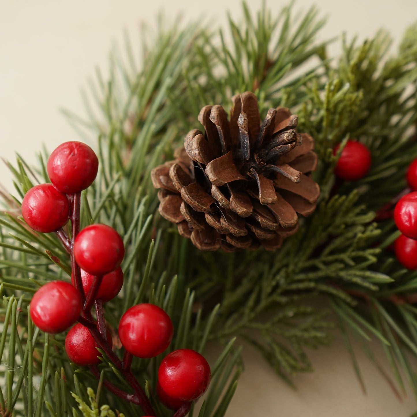 Faux Holiday Candle Ring with Pinecones & Red Berries