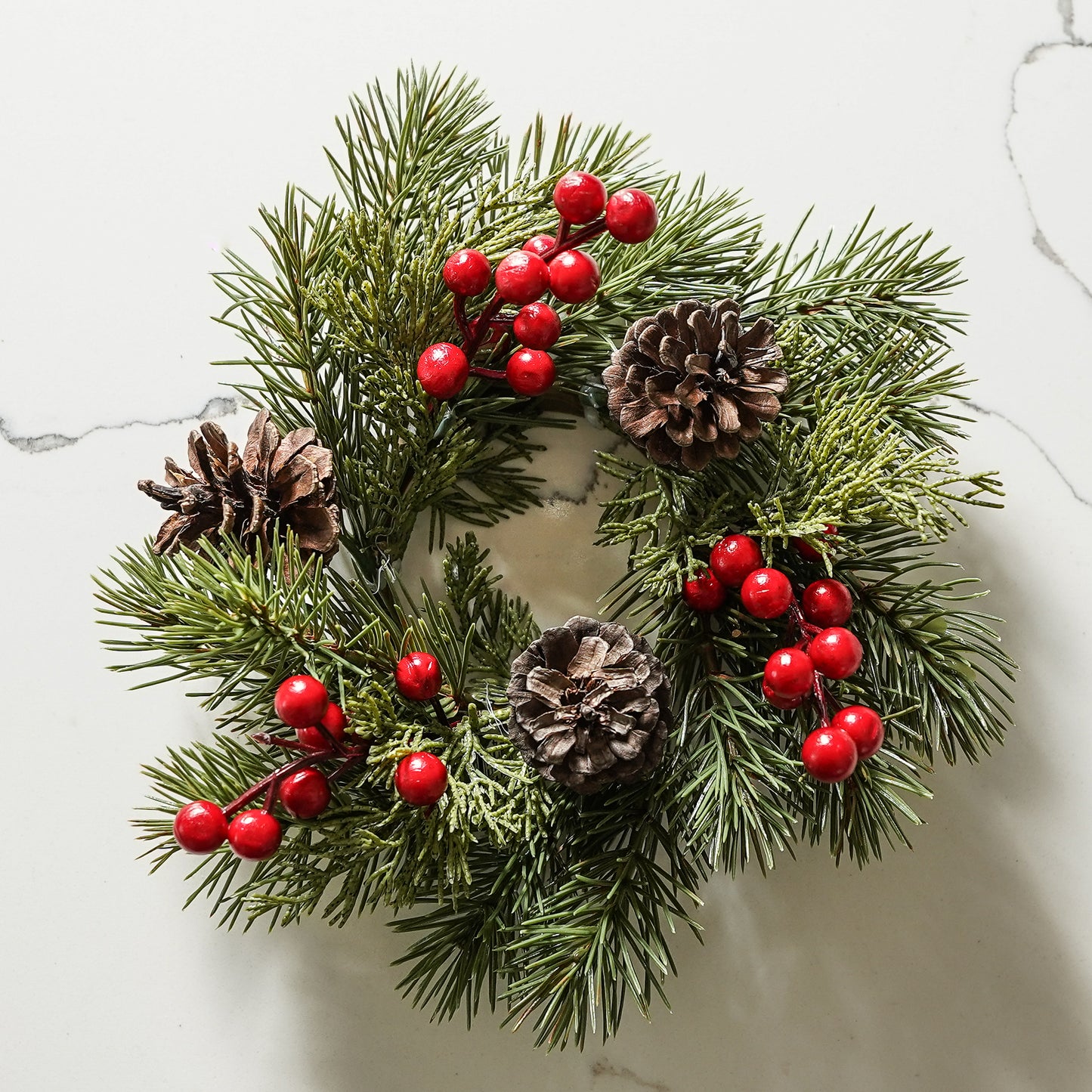 Faux Holiday Candle Ring with Pinecones & Red Berries