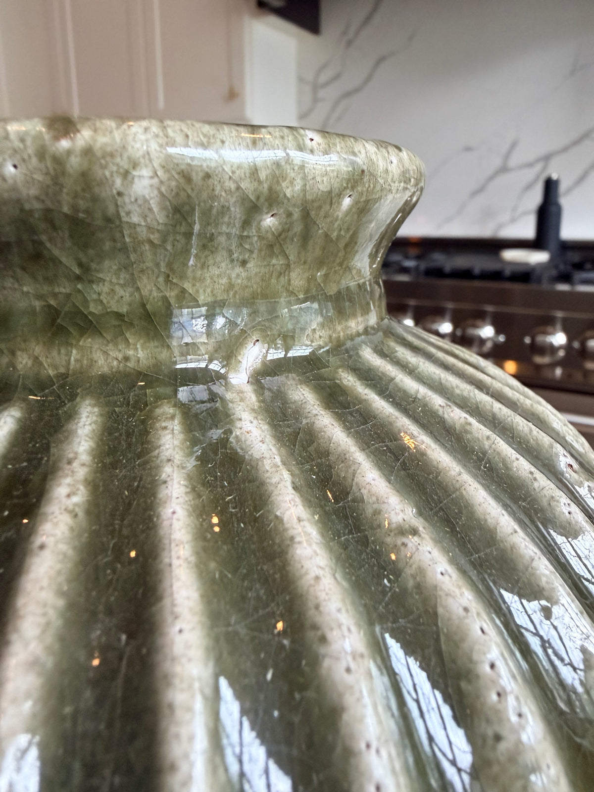 Green RIbbed Terracotta Vase