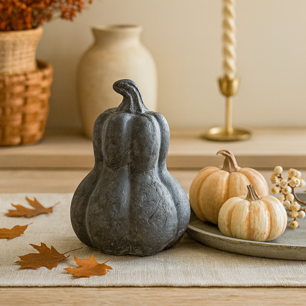 Decorative gourds and pumpkins on a table with autumn leaves and candles in the background.
