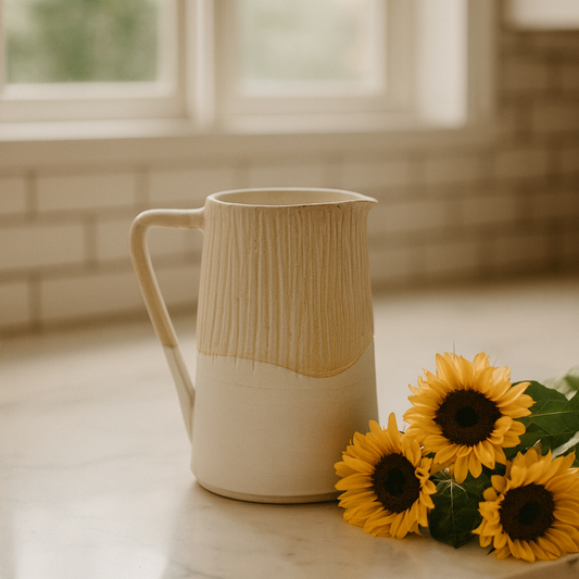 White ceramic pitcher with sunflowers on a windowsill