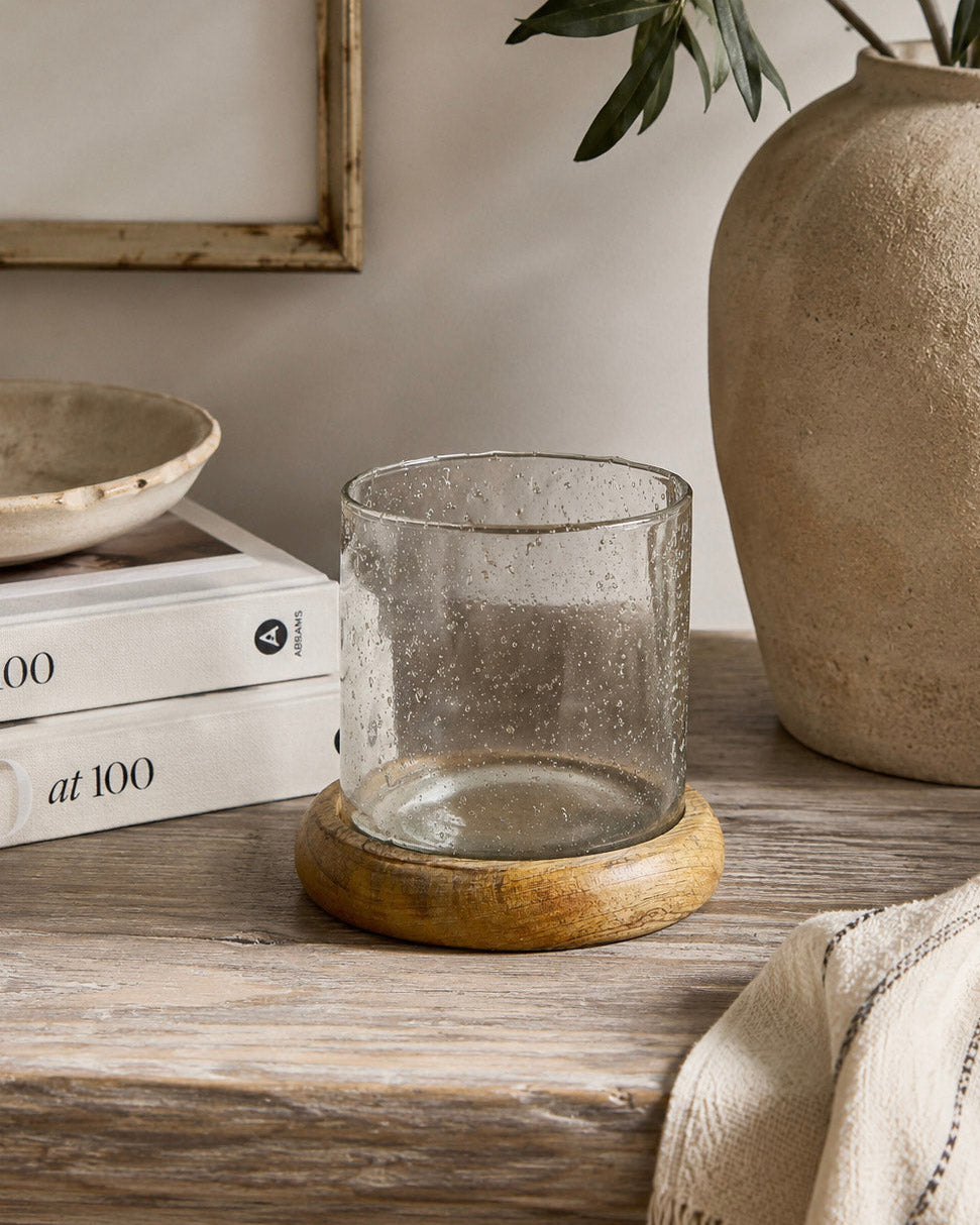 Natural Wood & Speckled Glass Holder