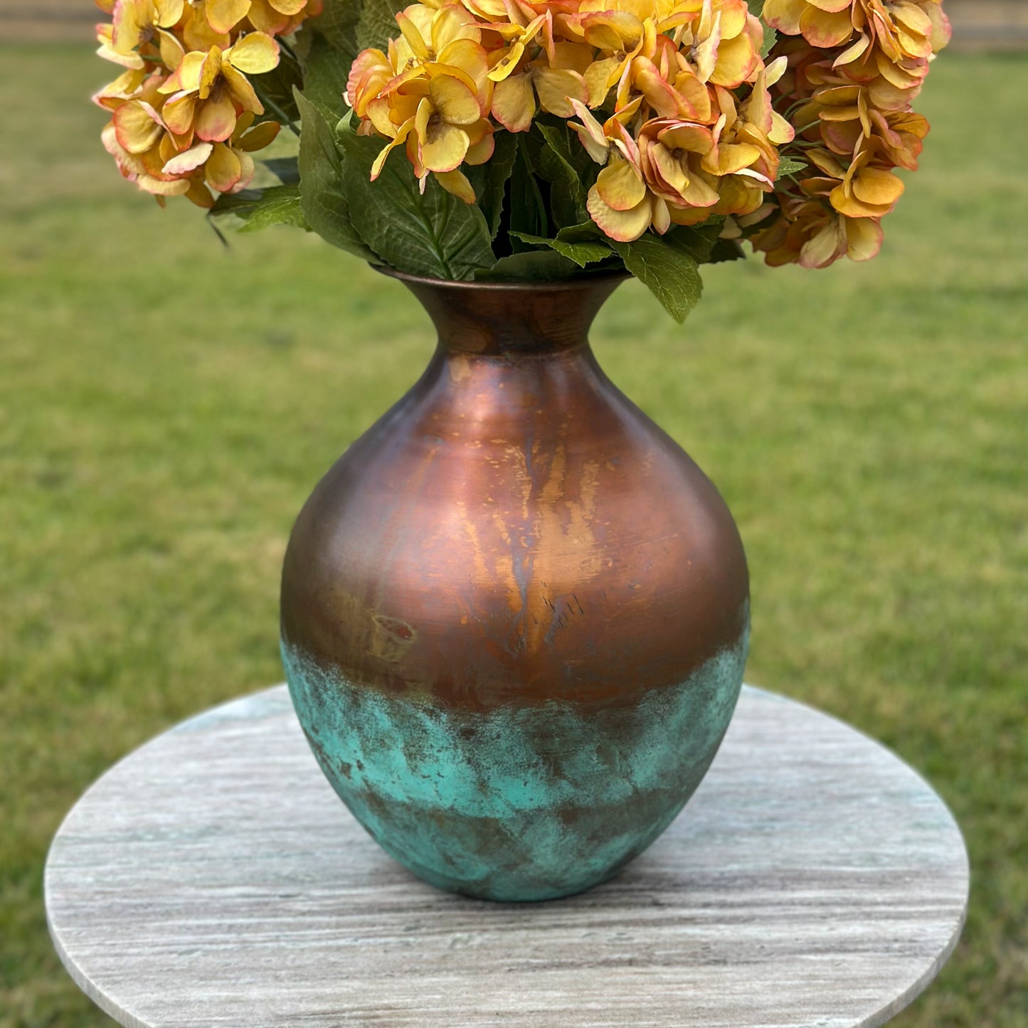 Distressed Copper Patina Vase | Round Metal Accent