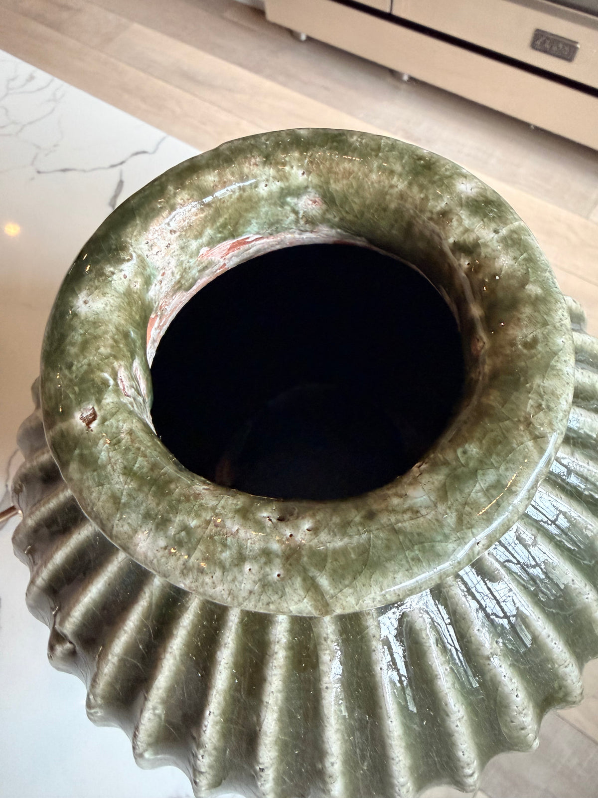 Green RIbbed Terracotta Vase