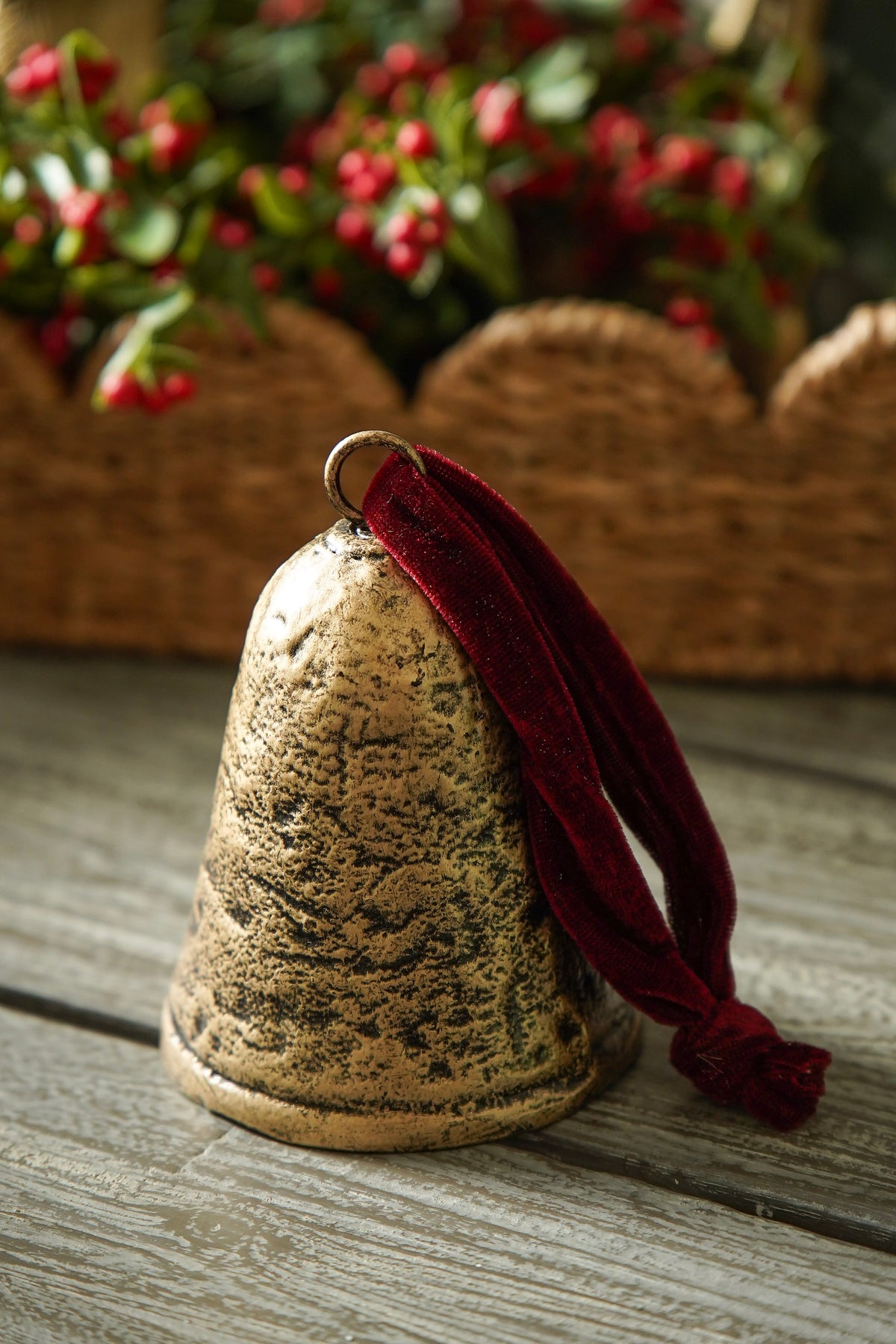 Antique Gold Bell with Velvet Ribbon