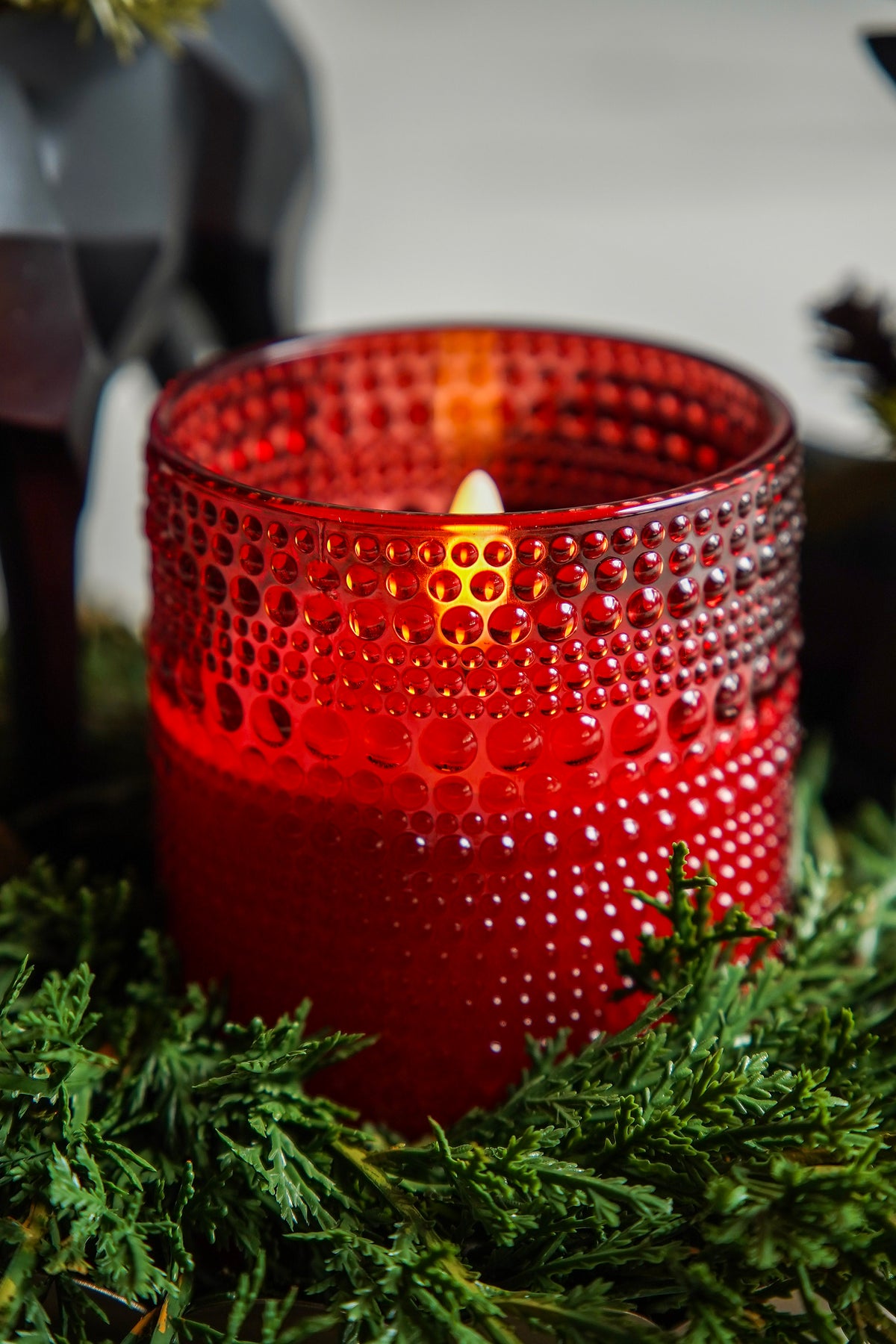 Red Hobnail Flameless Pillar Candle