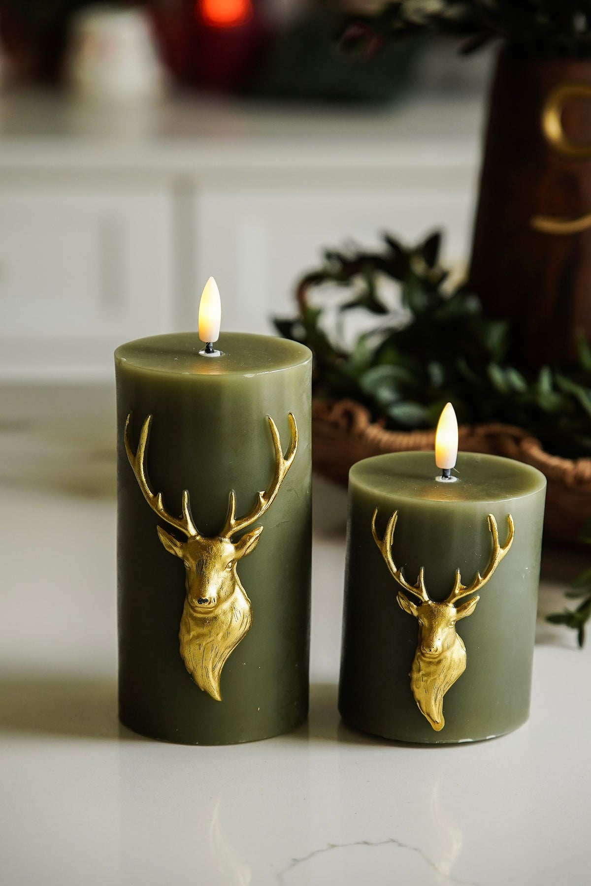 Green & Gold Deer Flameless Candle