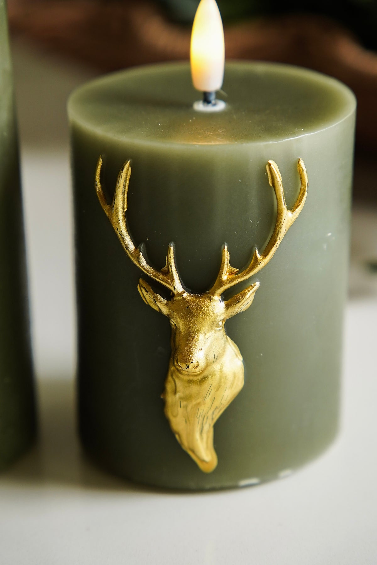 Green & Gold Deer Flameless Candle