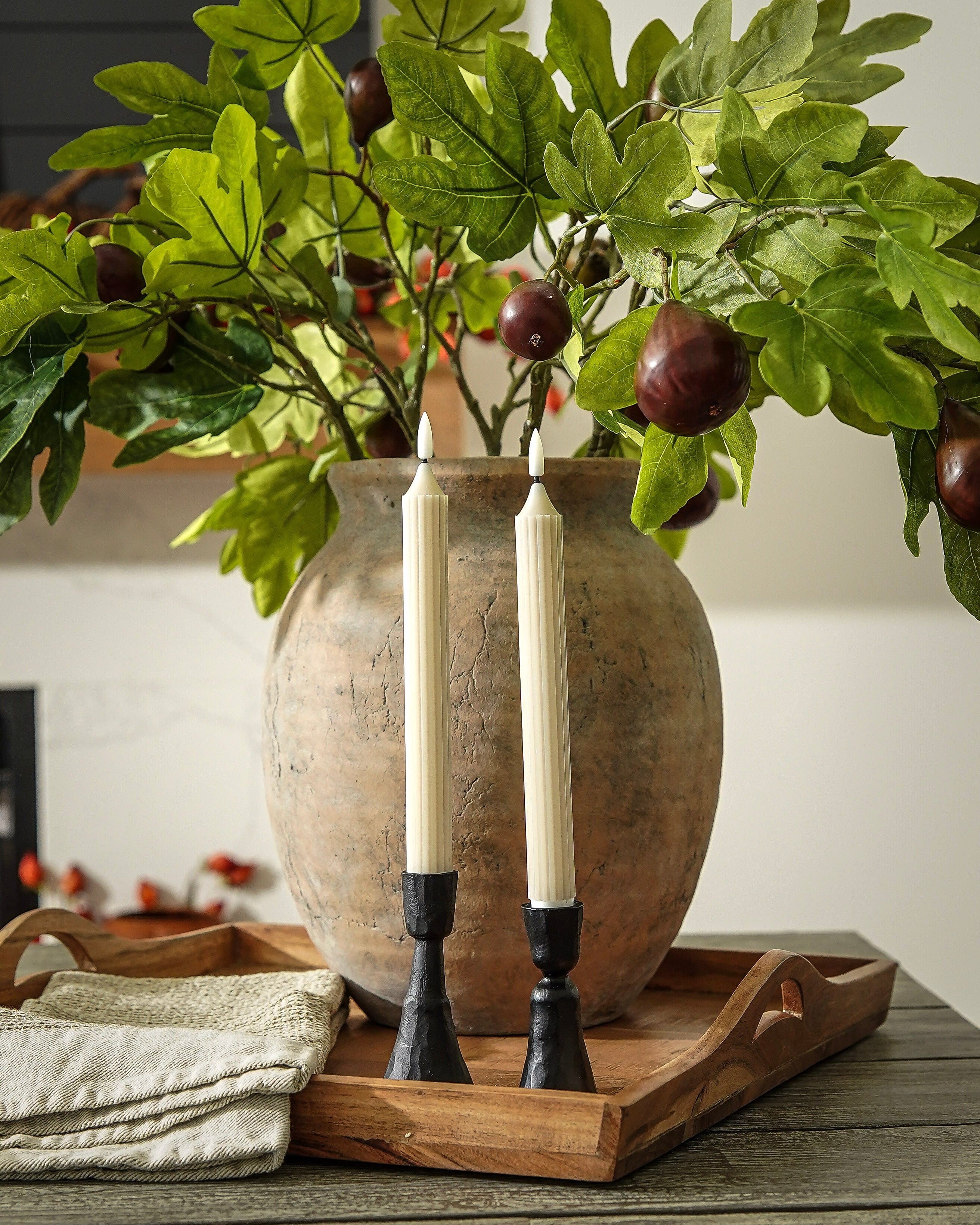 Ribbed Beige Flameless Taper Candle Set