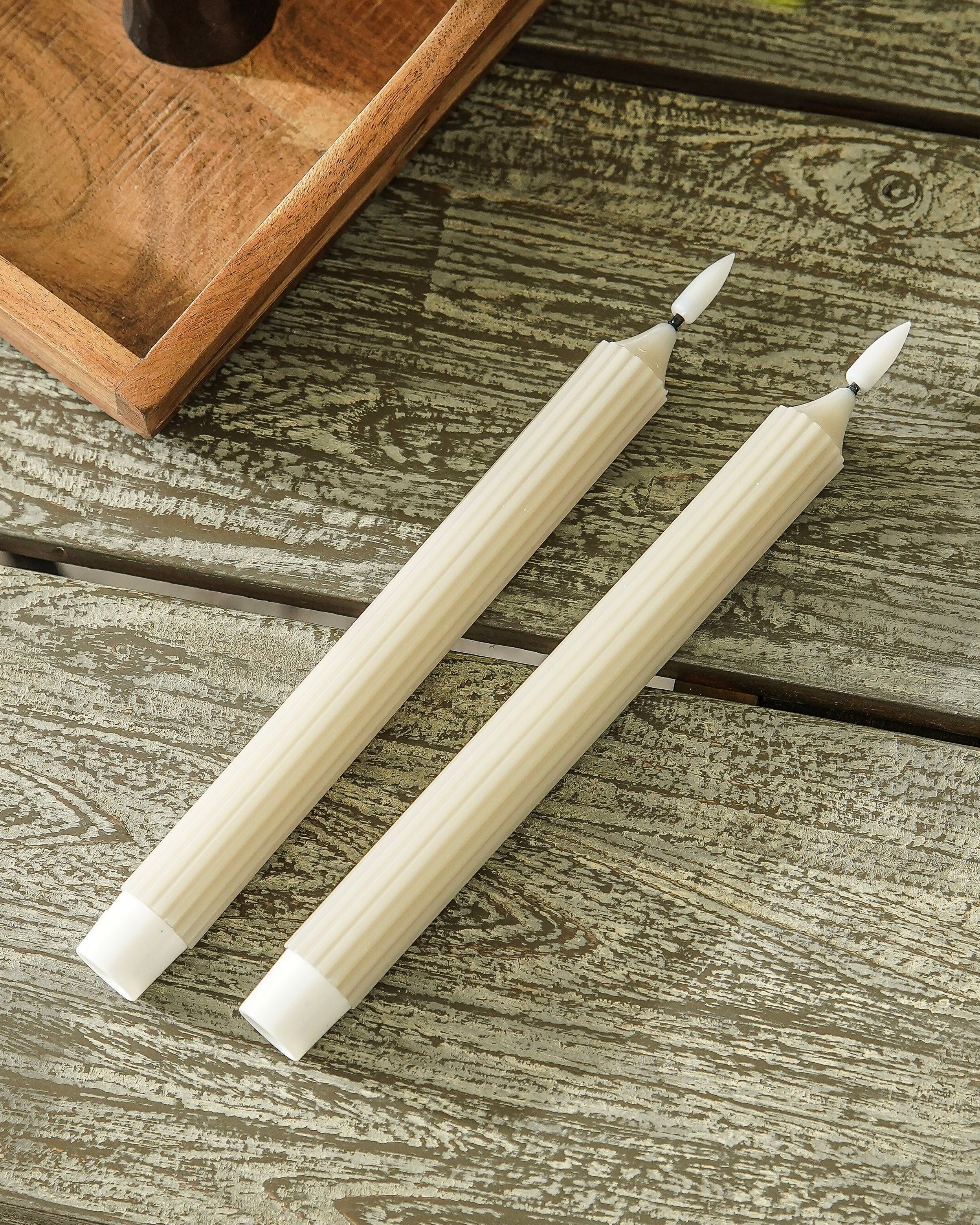 Ribbed Beige Flameless Taper Candle Set