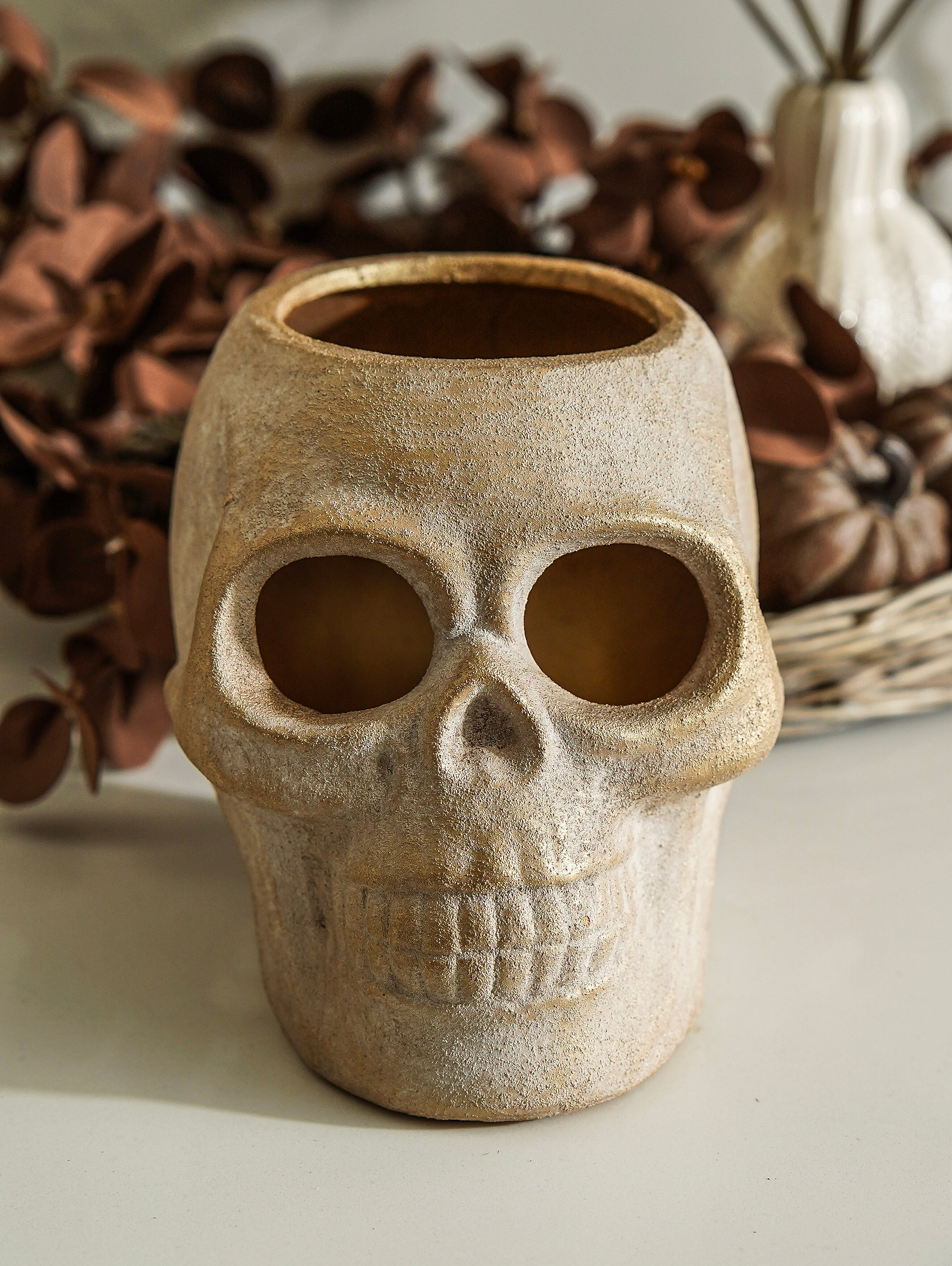 Handcrafted Terracotta Gold Wash Skull