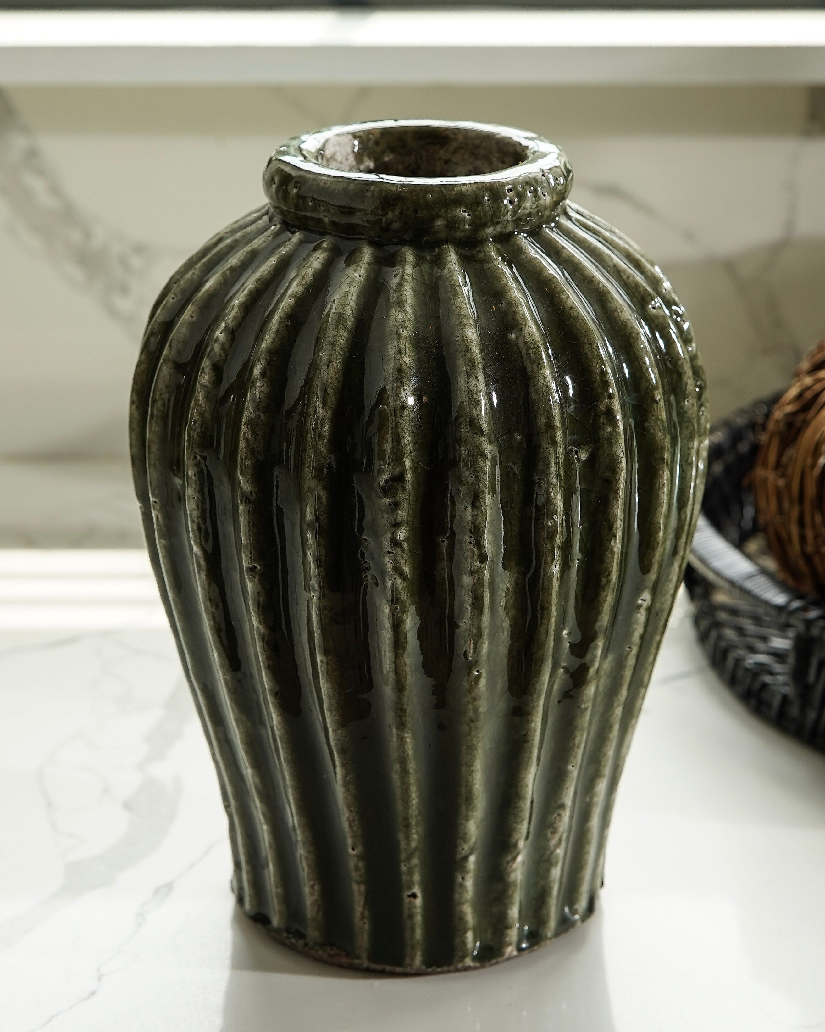 Green Ribbed Terracotta Aged Vase