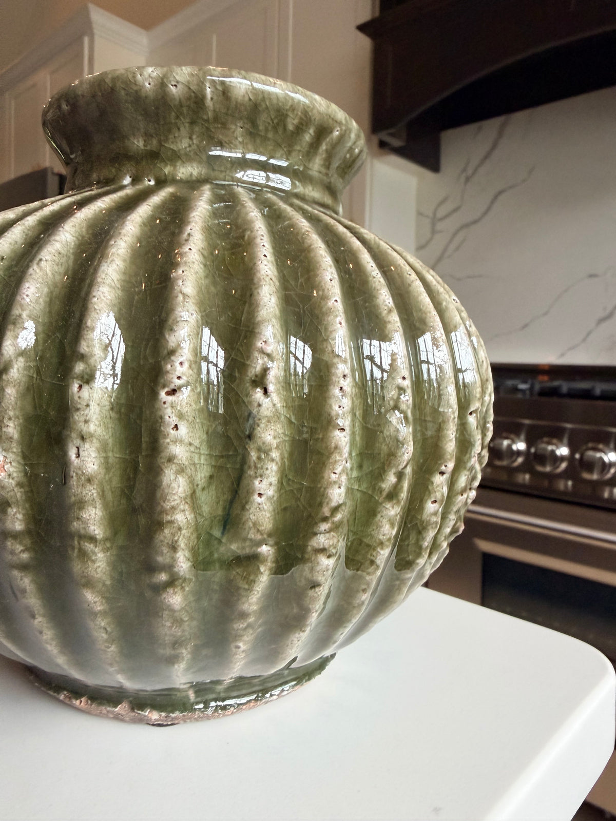 Green RIbbed Terracotta Vase