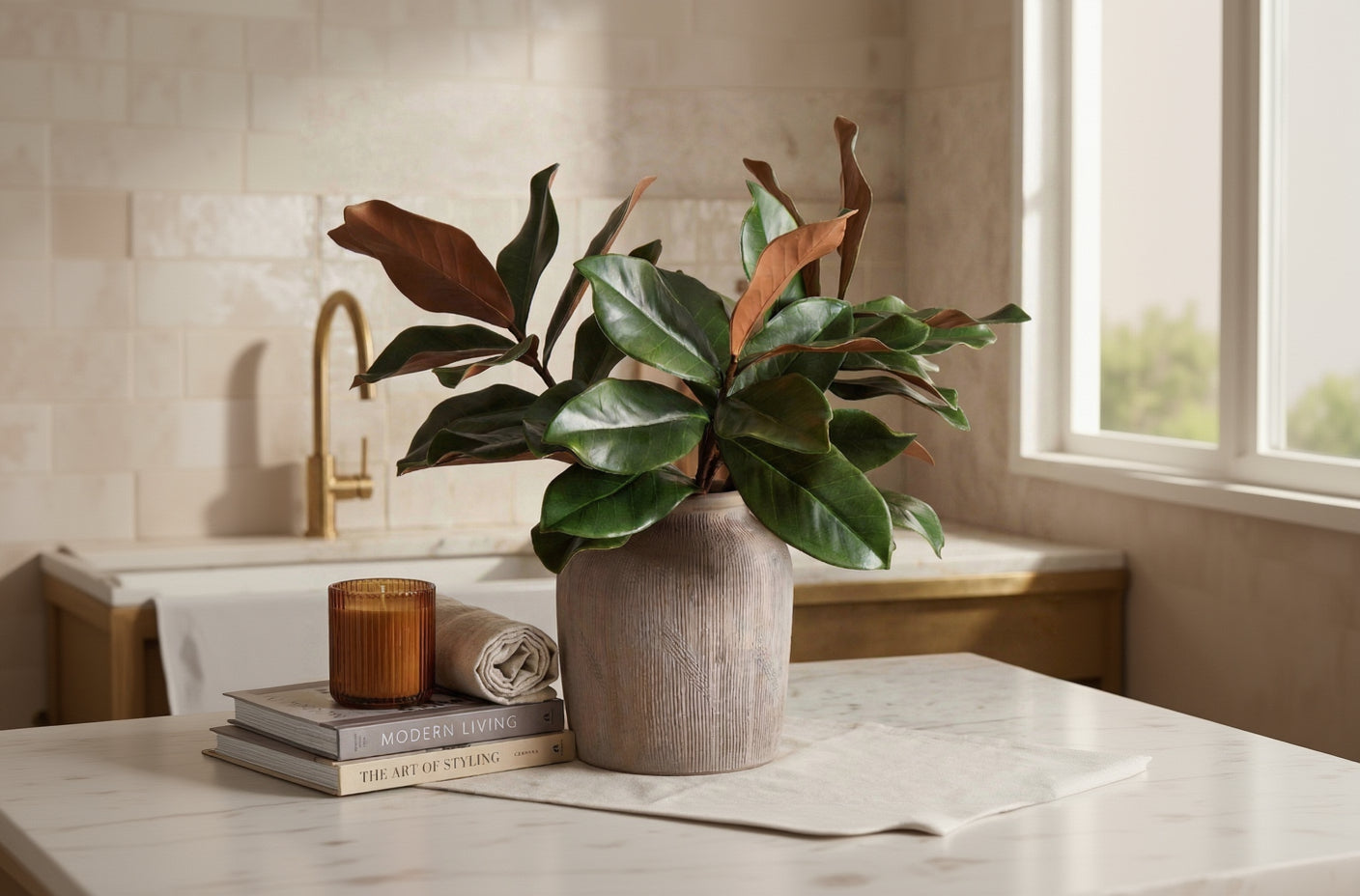 Potted plant on a marble surface with books and a candle in the background