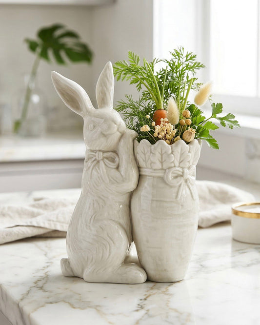 Antiqued White Bunny with Carrot Vase