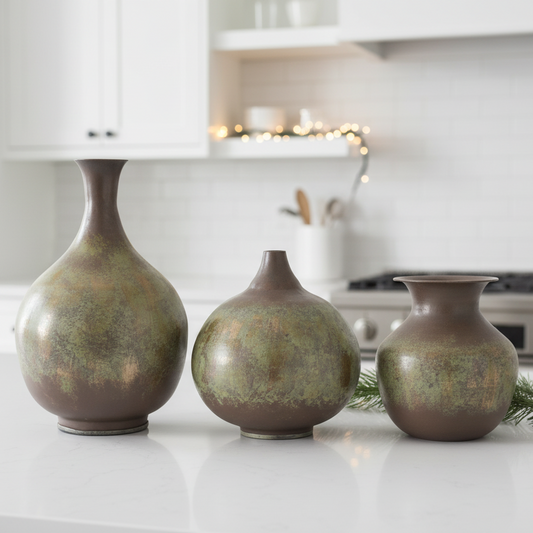 Three ceramic vases on a kitchen counter with a neutral background