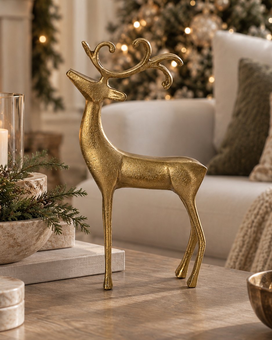 Antique gold standing deer figurine crafted from iron with graceful curved antlers, slender legs and vintage-inspired metallic finish