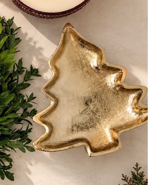 Antique gold cast aluminum Christmas tree-shaped decorative dish with raised edges and vintage-inspired metallic finish
