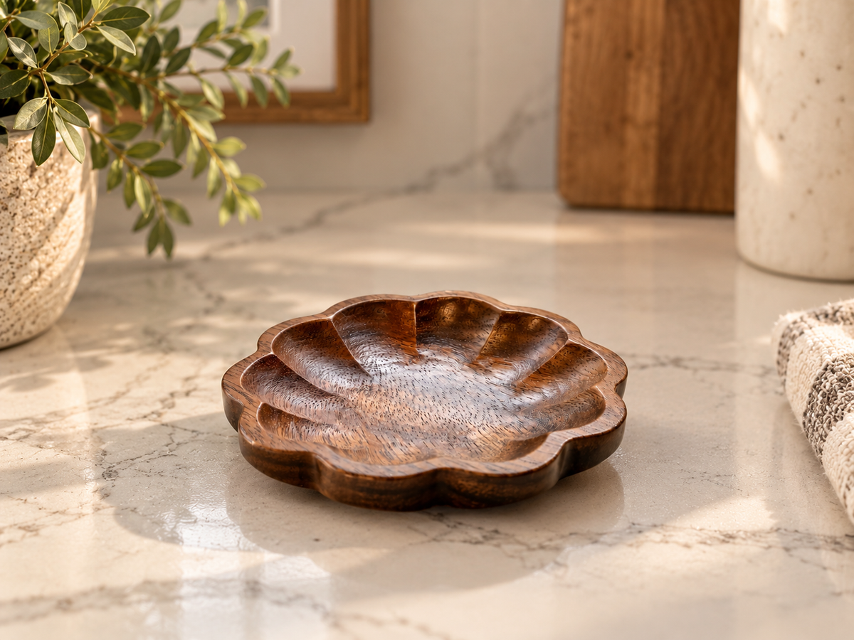 Mini scalloped wooden decorative tray with carved flower-shaped edges, recessed center and warm brown wood finish