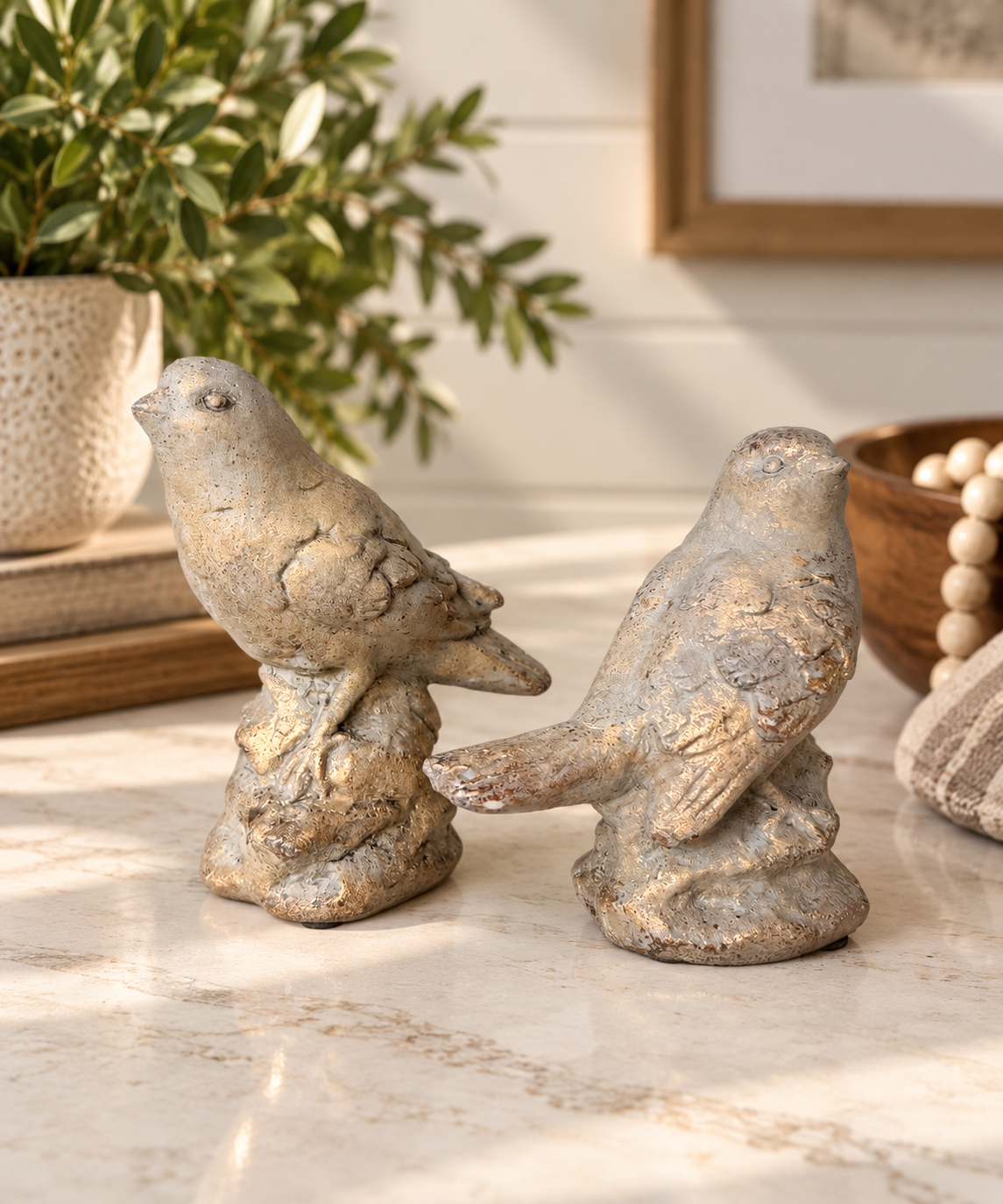 Weathered Cement Bird Figurines | Set of 2