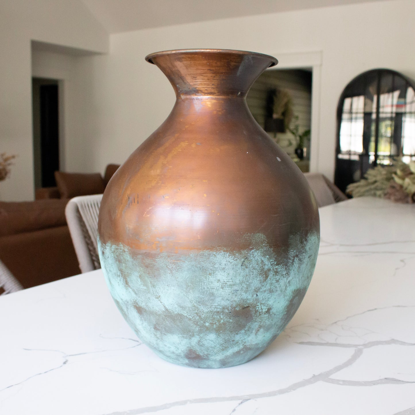 Distressed Copper Patina Vase | Round Metal Accent