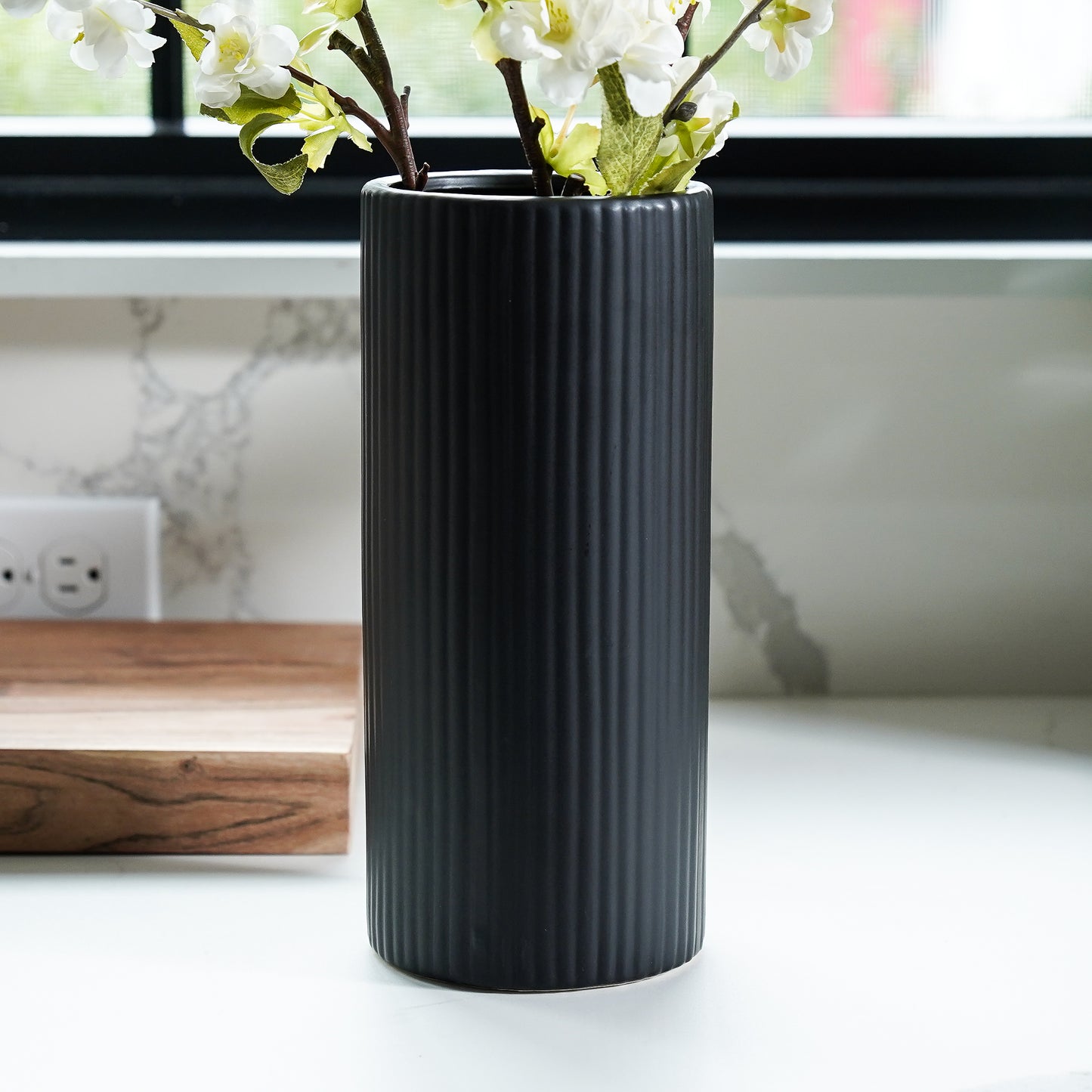 Matte Black Ribbed Vase