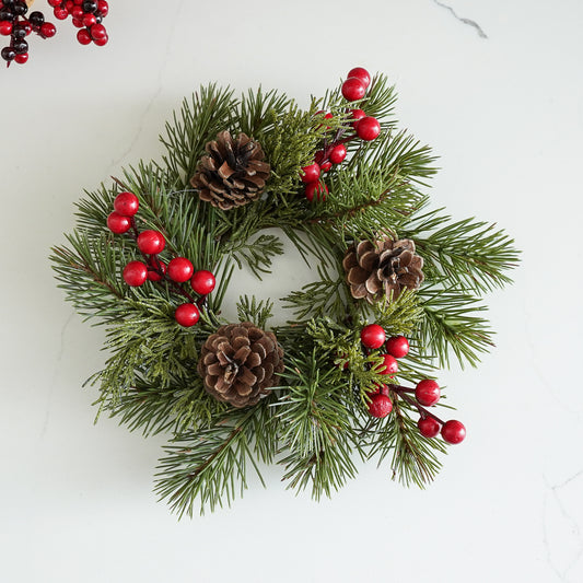 Faux Holiday Candle Ring with Pinecones & Red Berries