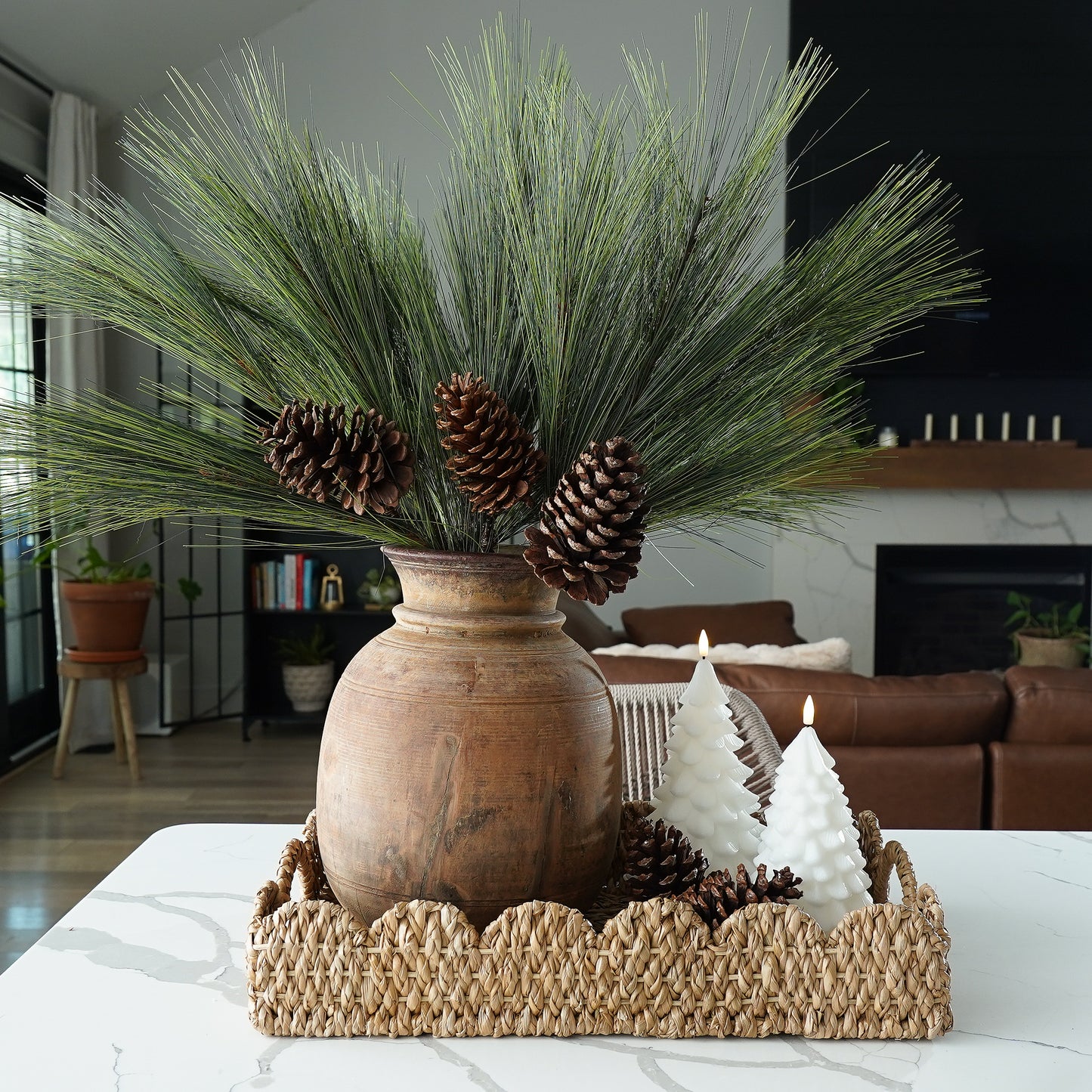 Faux Winter Greenery with Pinecones