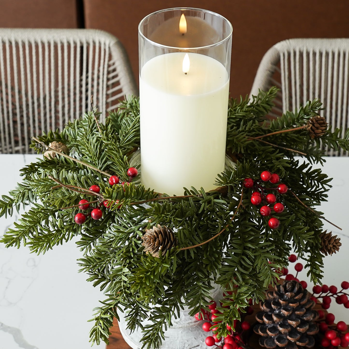 Real Touch Pine & Red Berry Candle Ring – 16”